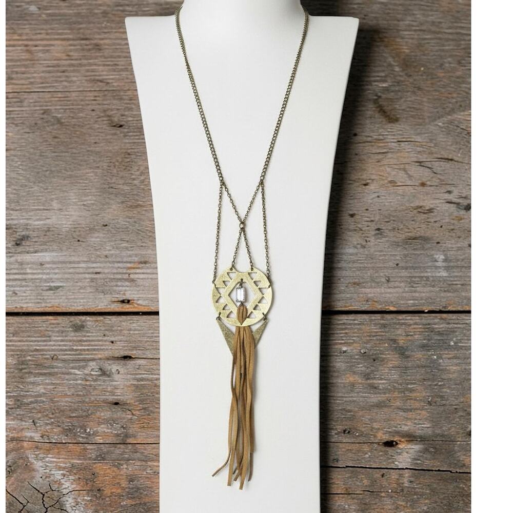 Vintage American Eagle Distressed Metal Crystal Statement Long Necklace